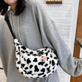 Women Cow Pattern Shoulder Bag Large Capacity Plush Zipper Crossbody Pouch