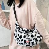 Women Cow Pattern Shoulder Bag Large Capacity Plush Zipper Crossbody Pouch