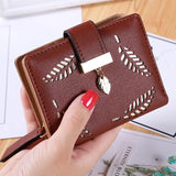 Leather Small Women Wallets Clutch Bag With Hollow Out Leaves