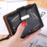 Leather Small Women Wallets Clutch Bag With Hollow Out Leaves