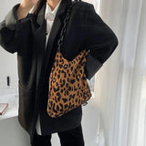 Women Corduroy Shoulder Bag Leopard Handbag Underarm Chain Pouch