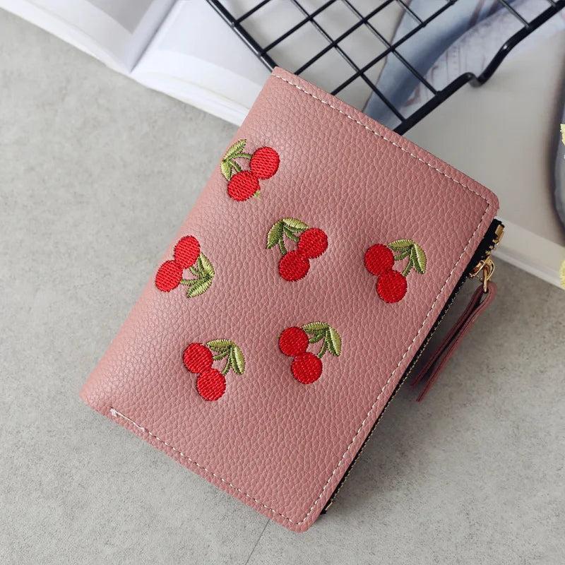 Cherry Embroidered Short Wallet Women's Purse