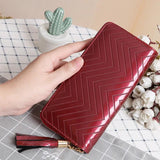 Solid Leather Wallet with Tassel, Long Single Pull Clutch Bag