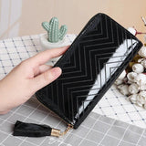 Solid Leather Wallet with Tassel, Long Single Pull Clutch Bag
