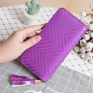 Solid Leather Wallet with Tassel, Long Single Pull Clutch Bag