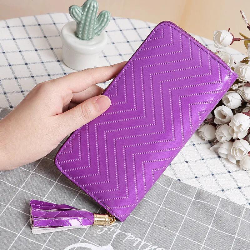 Solid Leather Wallet with Tassel, Long Single Pull Clutch Bag