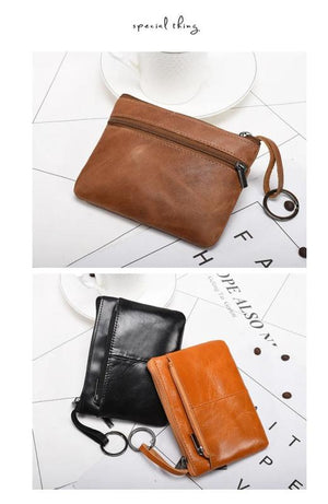 Leather Zipper Vintage Short Slim Mini Purse for Men Women