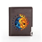 Men's Sun Moon Face Print Leather Wallet Slim Credit Card Holder