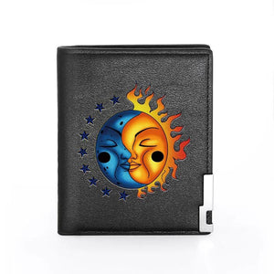 Men's Sun Moon Face Print Leather Wallet Slim Credit Card Holder
