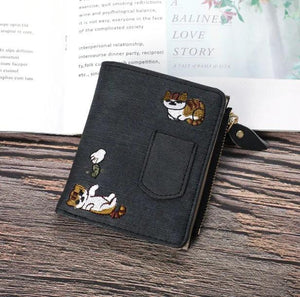 Cat Embroidered Canvas Zipper Wallets Women Purse
