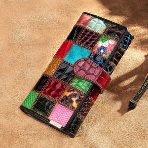 Leather Women Clutch Wallet Patchwork Real Leather Long Purse Phone Pocket