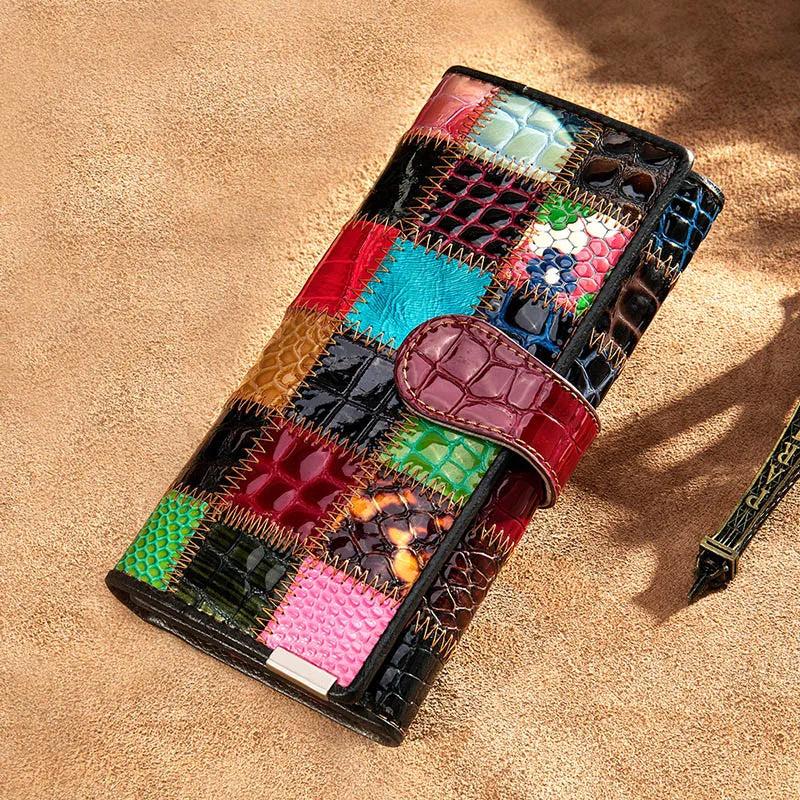 Leather Women Clutch Wallet Patchwork Real Leather Long Purse Phone Pocket