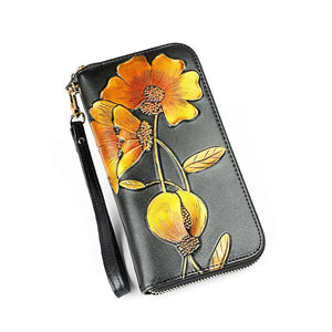 Leather Wallet RFID Embossing Flower Purse Clutch Bag Long Mobile Phone Bag