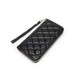 Rhomboid Quilted Zip Leather Long Clutch Bag with Wrist Strap