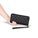 Rhomboid Quilted Zip Leather Long Clutch Bag with Wrist Strap