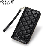 Rhomboid Quilted Zip Leather Long Clutch Bag with Wrist Strap