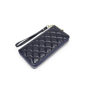 Rhomboid Quilted Zip Leather Long Clutch Bag with Wrist Strap
