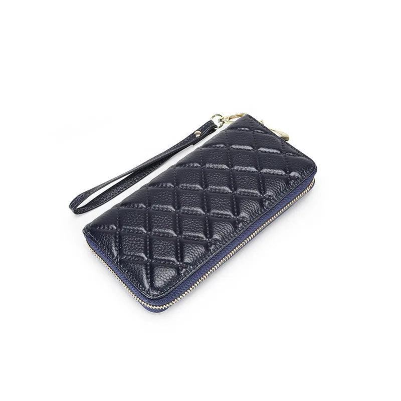 Rhomboid Quilted Zip Leather Long Clutch Bag with Wrist Strap