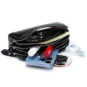 Cowhide Leather Triple Zipper Wallet with Waist Strap Clutch