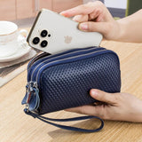 Cowhide Leather Triple Zipper Wallet with Waist Strap Clutch