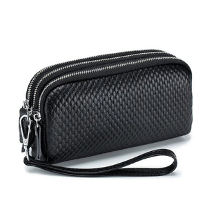 Cowhide Leather Triple Zipper Wallet with Waist Strap Clutch