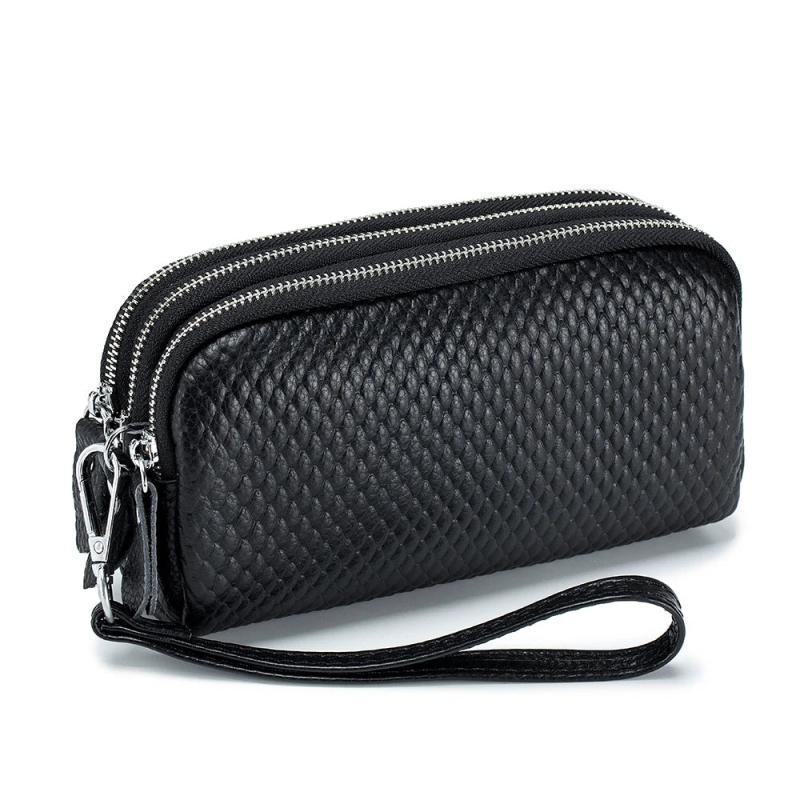 Cowhide Leather Triple Zipper Wallet with Waist Strap Clutch