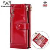 Cow Leather Long Wallet Women RFID Phone Purse Zipper Wallets