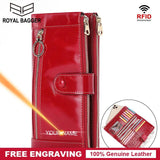 Cow Leather Long Wallet Women RFID Phone Purse Zipper Wallets