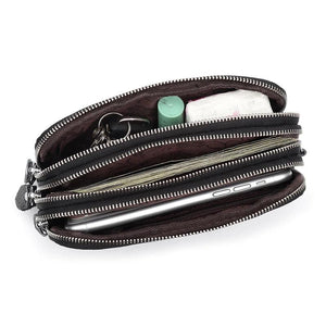Cow Leather Three Zipper Lining Women Clutch Wallet Large Capacity Female Purse