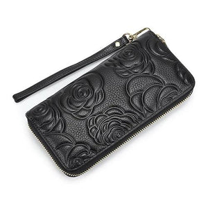 Flower Embossed Leather Women's Long Wallet Zipper Purse