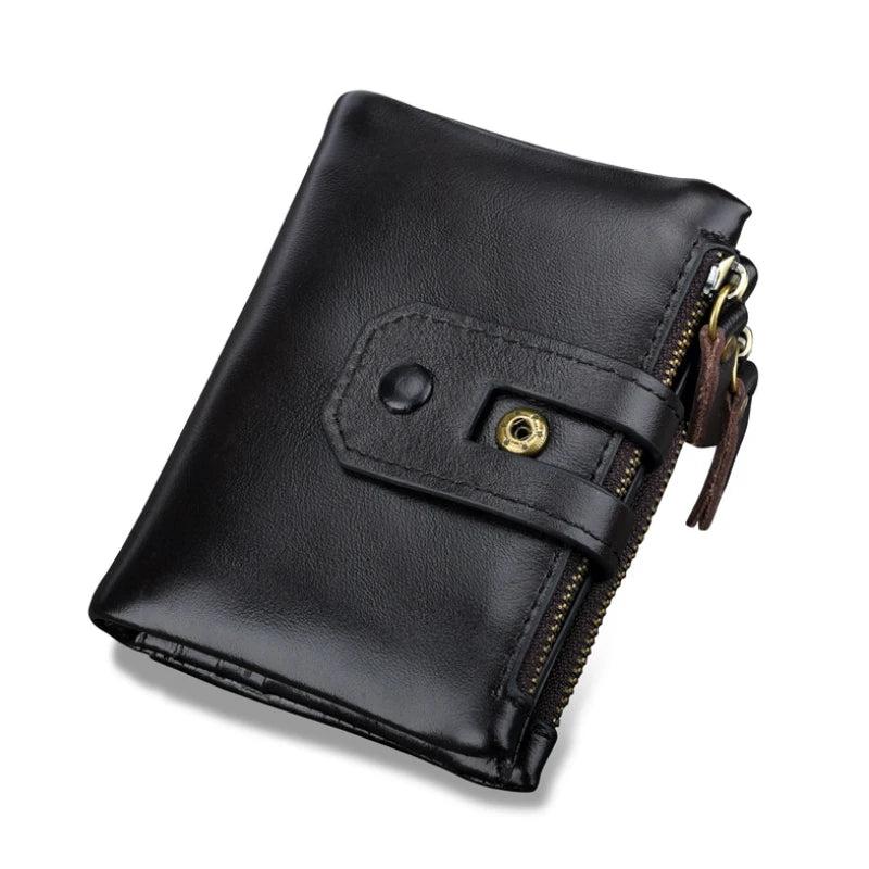 RFID Leather Short Purse 2 Folds Double Zipper Short Wallet