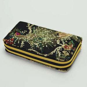 Embroidered Peacock Wallet with Long Zipper