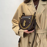 Casual Saddle Bag Metal Chain Handbag Bright Patent Leather