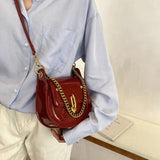 Casual Saddle Bag Metal Chain Handbag Bright Patent Leather