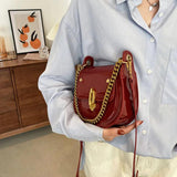 Casual Saddle Bag Metal Chain Handbag Bright Patent Leather