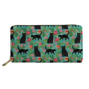 Women Cat Floral Printing Long PU Leather Purse Phone Cash Holder