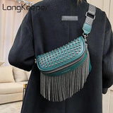 Women Chest Bag Tassel PU Leather Large Capacity Crossbody Chest Bag Zipper Bag