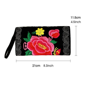 Ethnic Style Embroidered Flowers Canvas Wallet Key Case