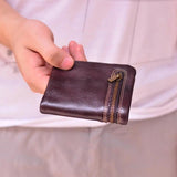 Men's Thin Leather Zipper Wallet, Mini Cowhide Wallet