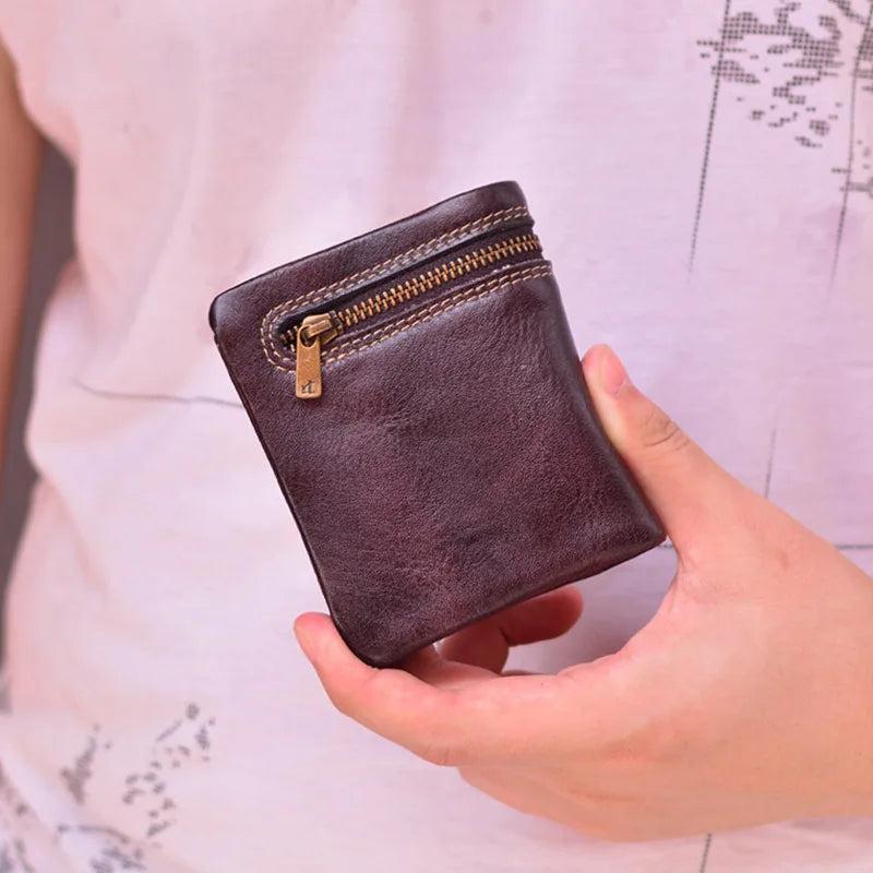 Men's Thin Leather Zipper Wallet, Mini Cowhide Wallet
