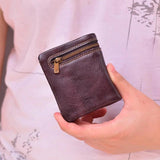 Men's Thin Leather Zipper Wallet, Mini Cowhide Wallet