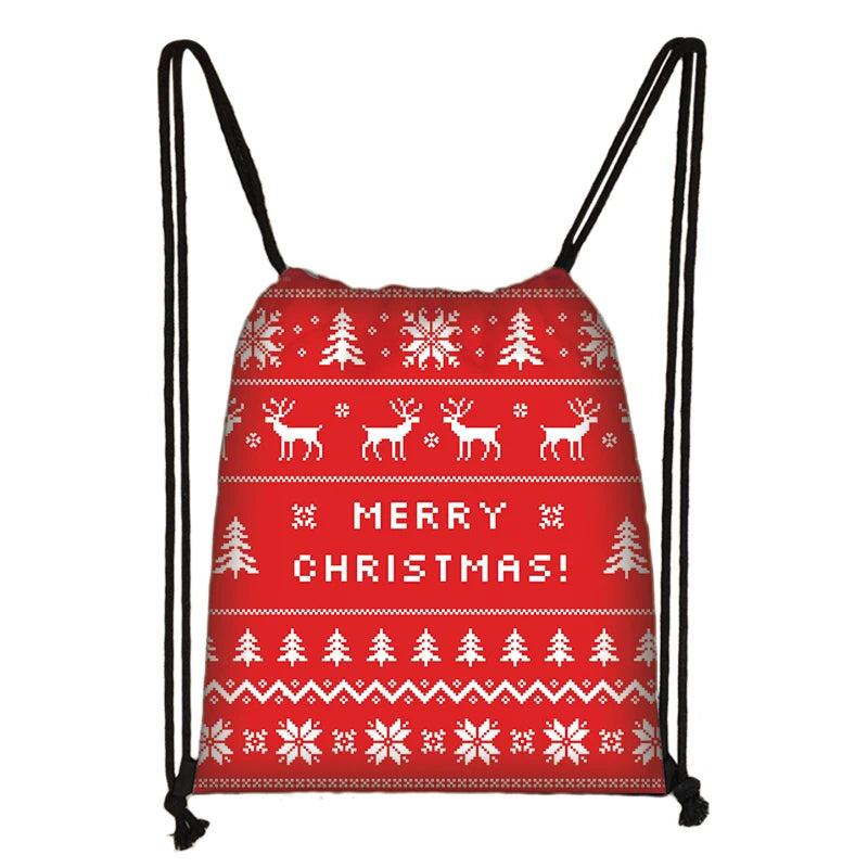 Christmas Elk Drawstring Bag Santa Leisure Backpack Canvas Party Gift Bag