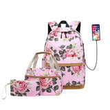 Floral Print Canvas Backpack 3pcs Set for School and Travel