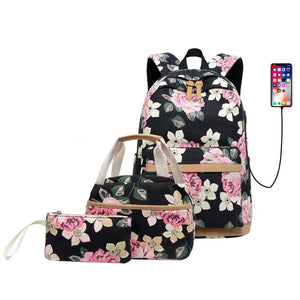 Floral Print Canvas Backpack 3pcs Set for School and Travel