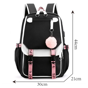 Teen Girls Pink Canvas School Bag USB Port Student Backpack