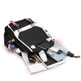Teen Girls Pink Canvas School Bag USB Port Student Backpack