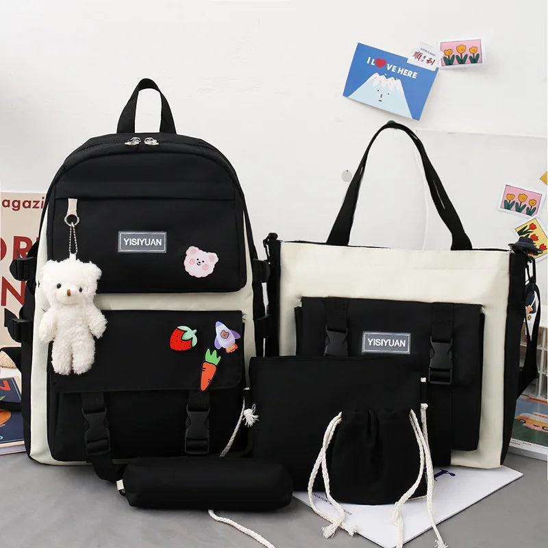 4Pcs Student Canvas Backpack Set Anti Theft Handbags Shoulder Bag School Bags