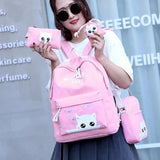 Cartoon Cat Canvas School Backpack Set for Girls