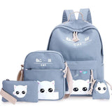 Cartoon Cat Canvas School Backpack Set for Girls