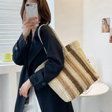 Striped Beach Straw Bag Large Capacity Shoulder Bag for Women
